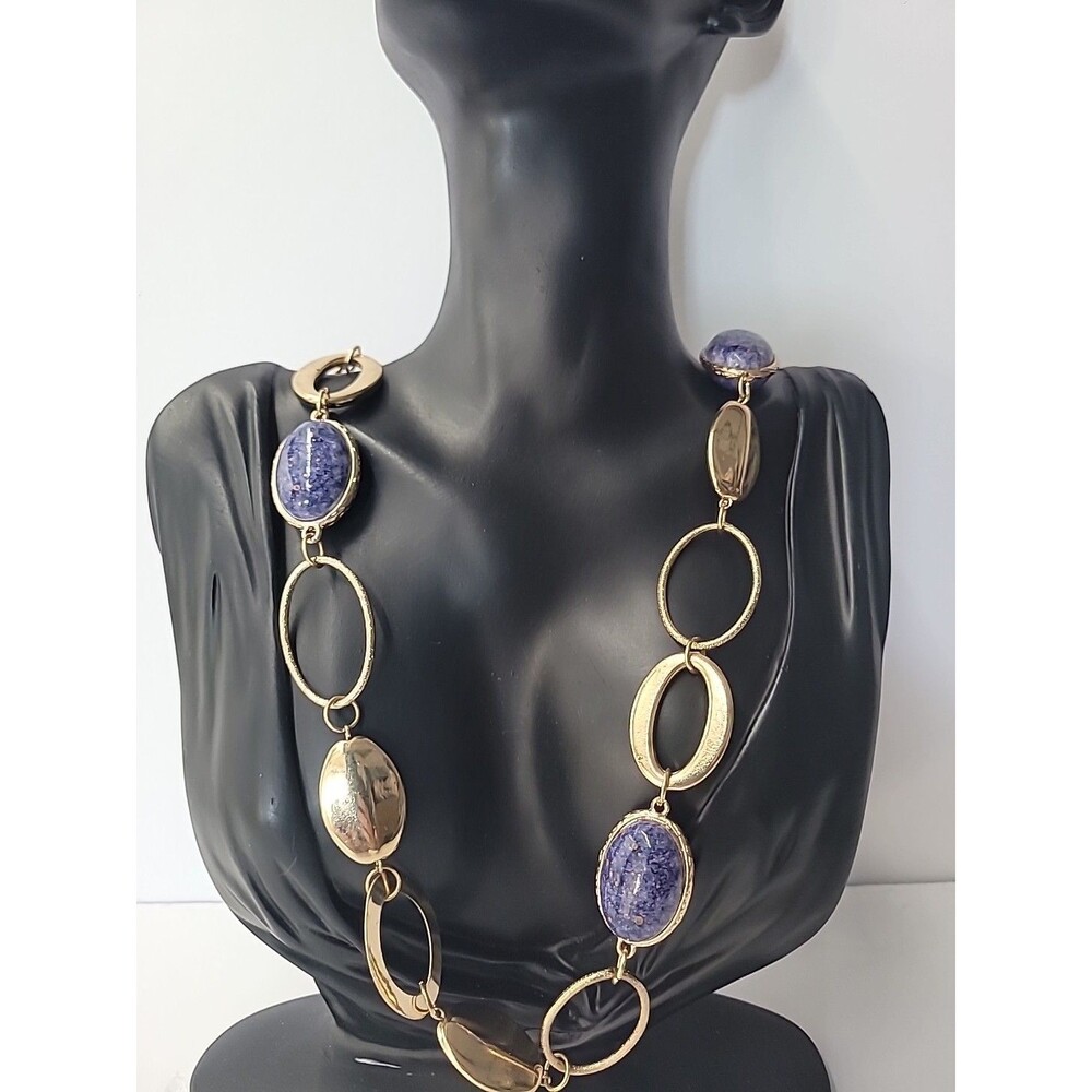 Vintage Gold Tone Link‎ Necklace Blue Stone Speckled Statement Jewelry